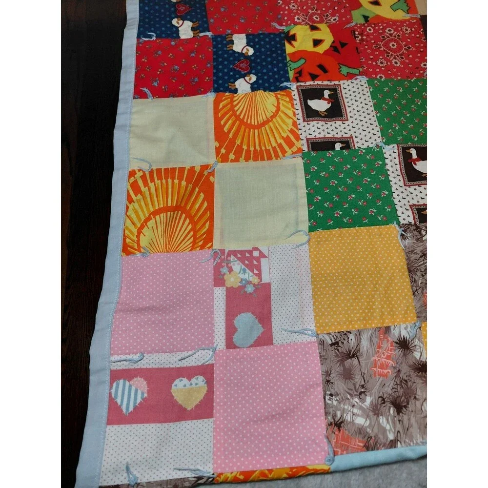 Vintage Scrap Patchwork Handmade Quilt Bright Floral Patches 80 X 40 READ DESC